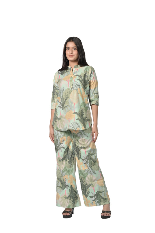 Elegant Green Floral Print Tunic Set