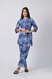 Elegant Blue Floral Print Tunic Set