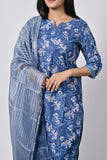 Women’s Blue Printed Cotton Suit Set with Dupatta