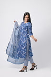 Women’s Blue Printed Cotton Suit Set with Dupatta