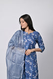 Women’s Blue Printed Cotton Suit Set with Dupatta