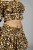 Women's Off-Shoulder Leopard Print Crop Top and Skirt Set, 3/4 Sleeve, Brown and Black - Belle Noor