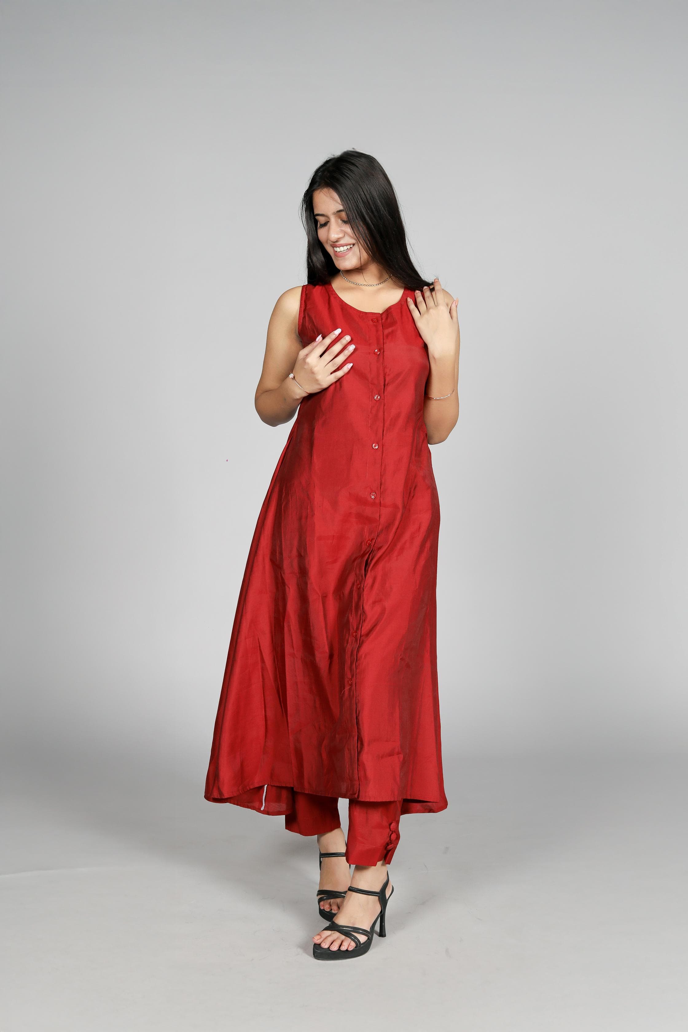 Sleeveless Button-Down Red Kurti - Belle Noor