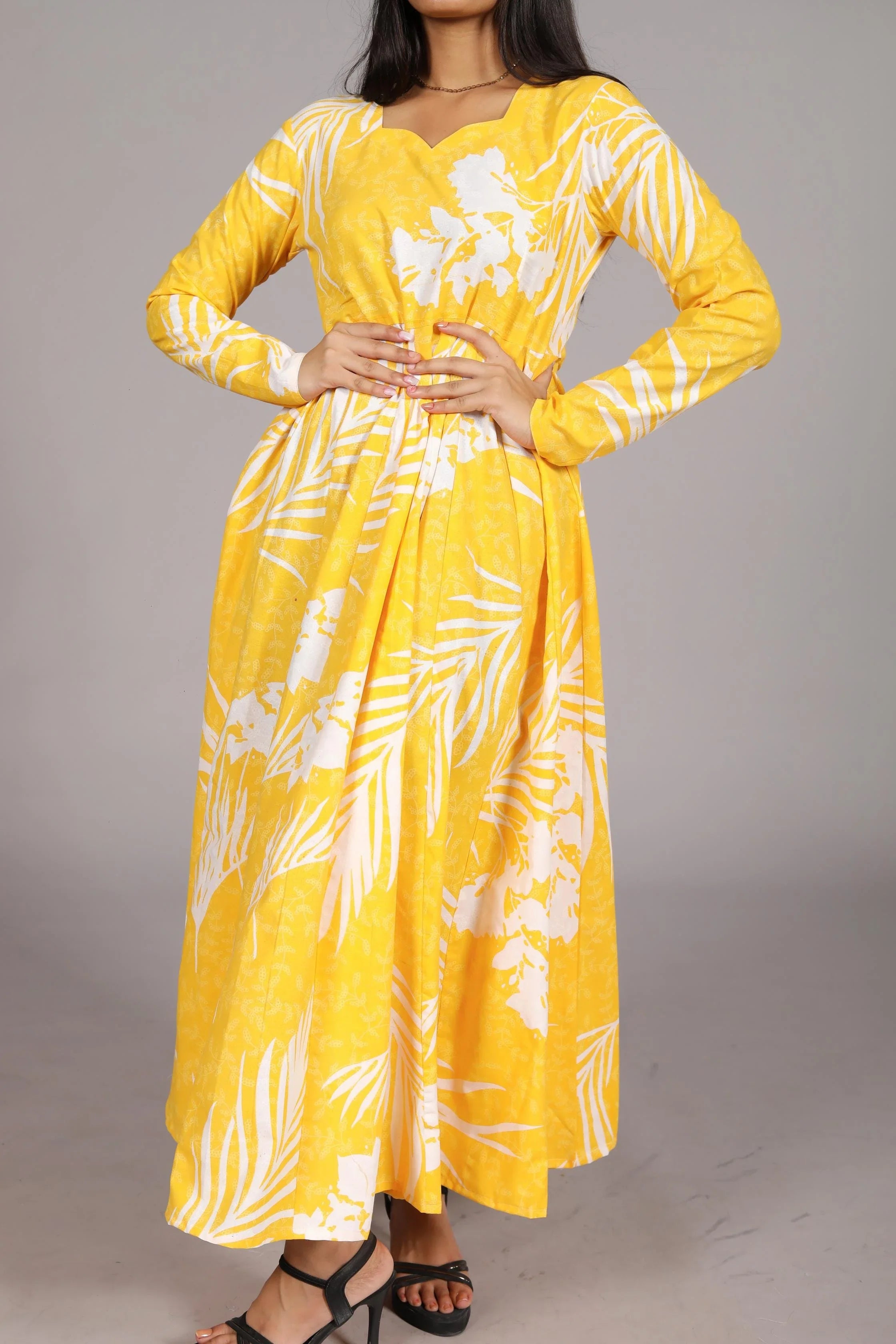 Yellow and White Palm Print Anarkali Suit, Sweetheart Neckline, Ankle Length - Belle Noor