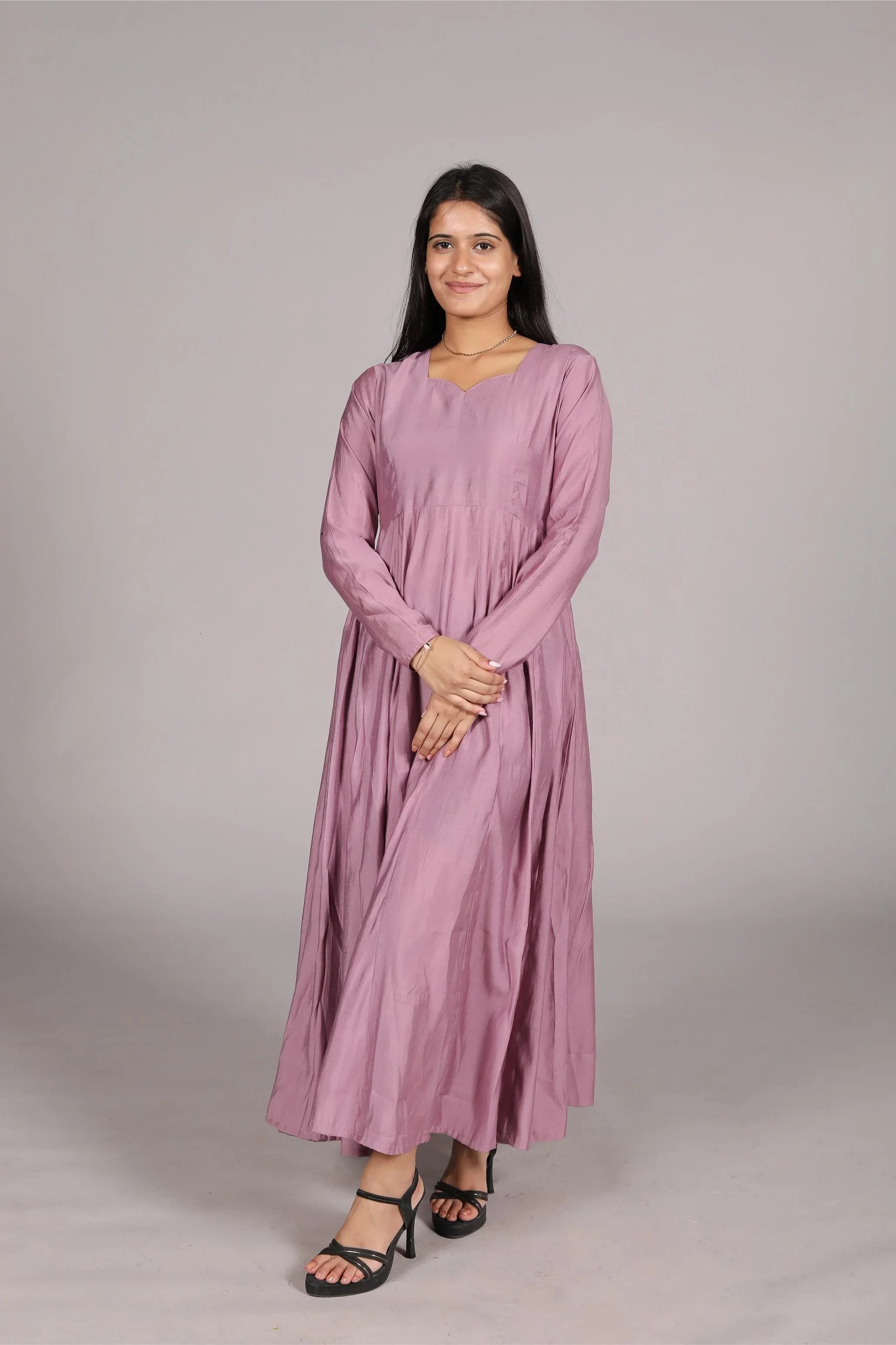 Anarkali Suit, Long Sleeve, Sweetheart Neck, Dusty Pink, Flared Fit - Belle Noor