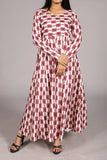 Anarkali Suit - Geometric Print Long Sleeve , V-Neck, Maroon and White - Belle Noor
