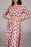 Anarkali Suit - Geometric Print Long Sleeve , V-Neck, Maroon and White - Belle Noor