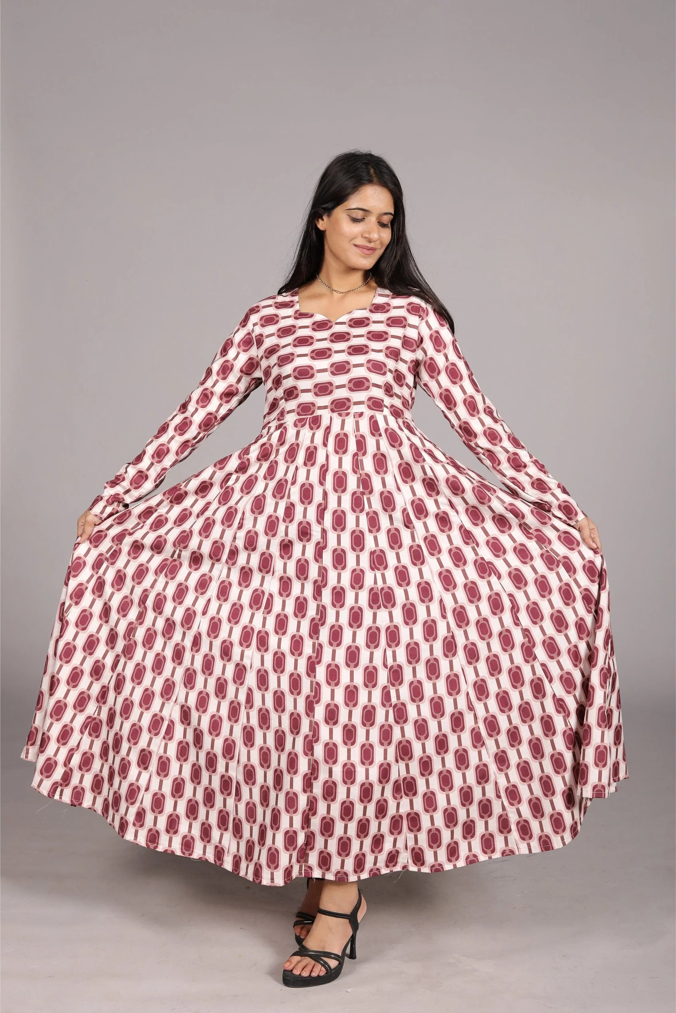 Anarkali Suit - Geometric Print Long Sleeve , V-Neck, Maroon and White - Belle Noor