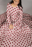 Anarkali Suit - Geometric Print Long Sleeve , V-Neck, Maroon and White - Belle Noor