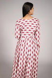 Anarkali Suit - Geometric Print Long Sleeve , V-Neck, Maroon and White - Belle Noor