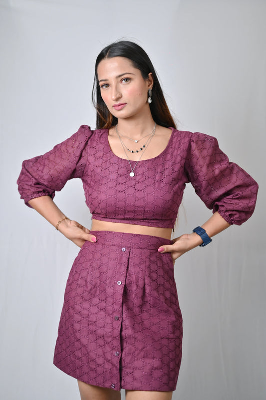 Wine Color Dress with 3/4 Balloon Sleeve - Belle Noor