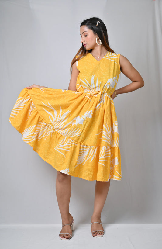Sleeveless Floral Summer Dress, Yellow and White Palm Print, Knee Length, A-Line with Side Tie - Belle Noor