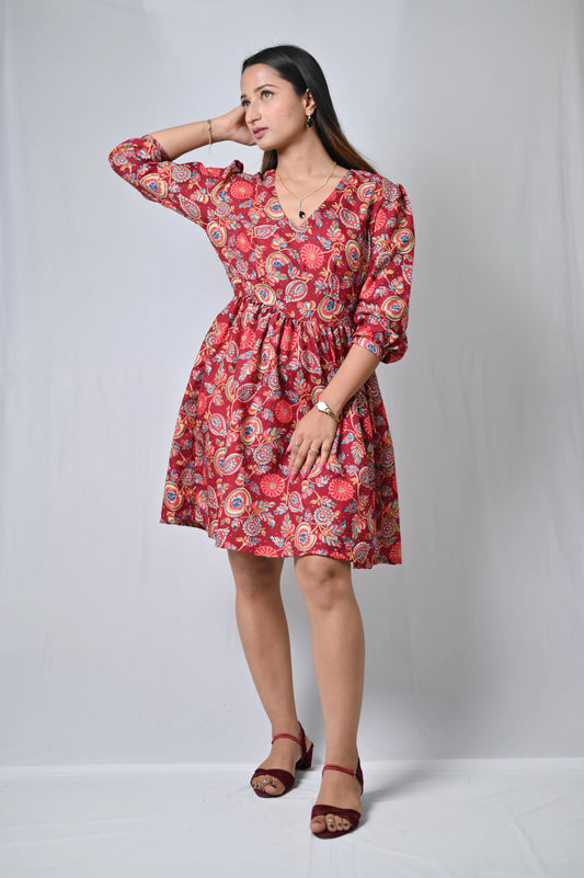 Women's Floral Print Knee-Length Dress, 3/4 Sleeves, Red Multicolour - Belle Noor