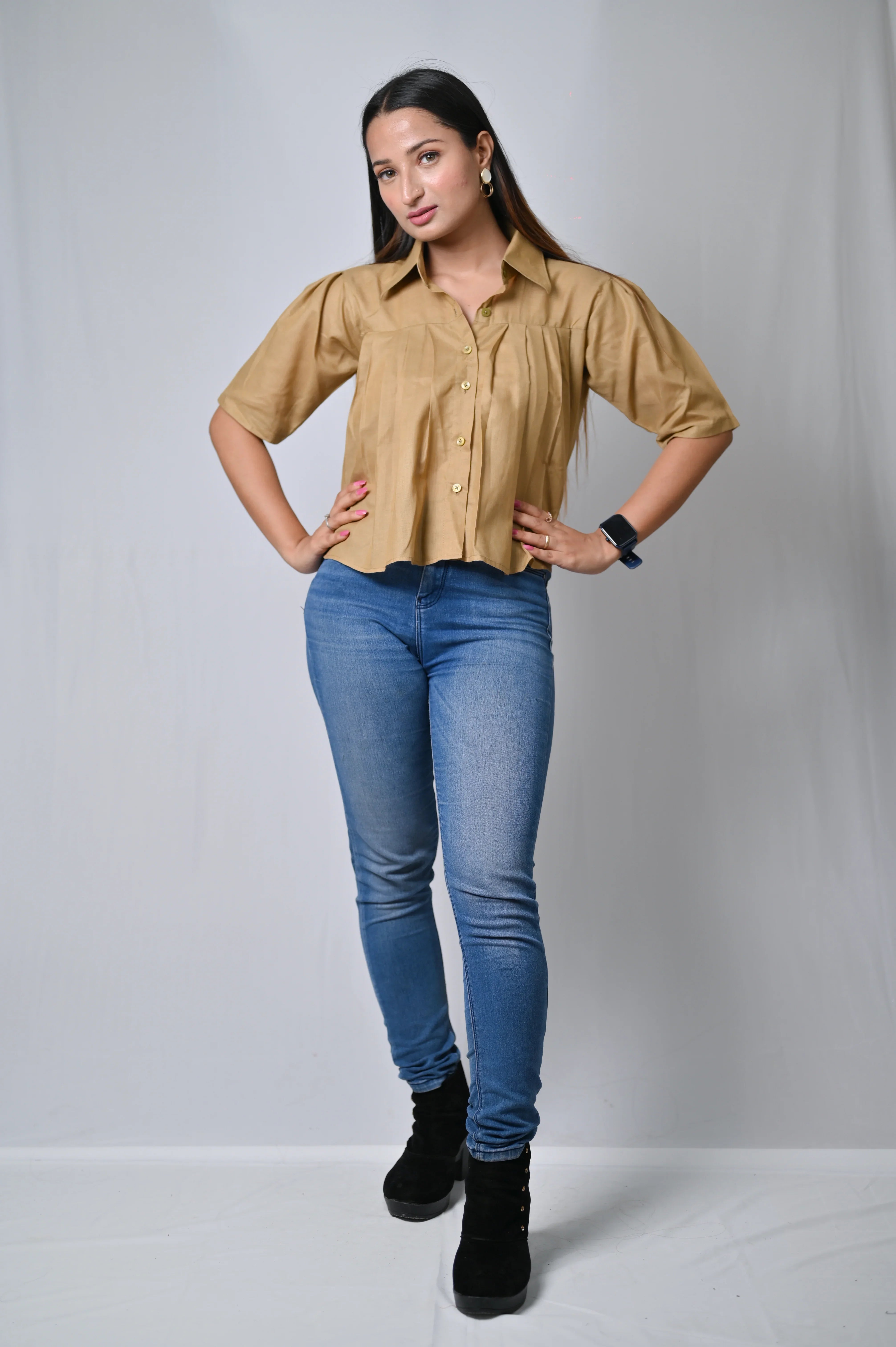 Women's Pleated Crop Shirt with Collar, Khaki, Short Sleeve - Belle Noor