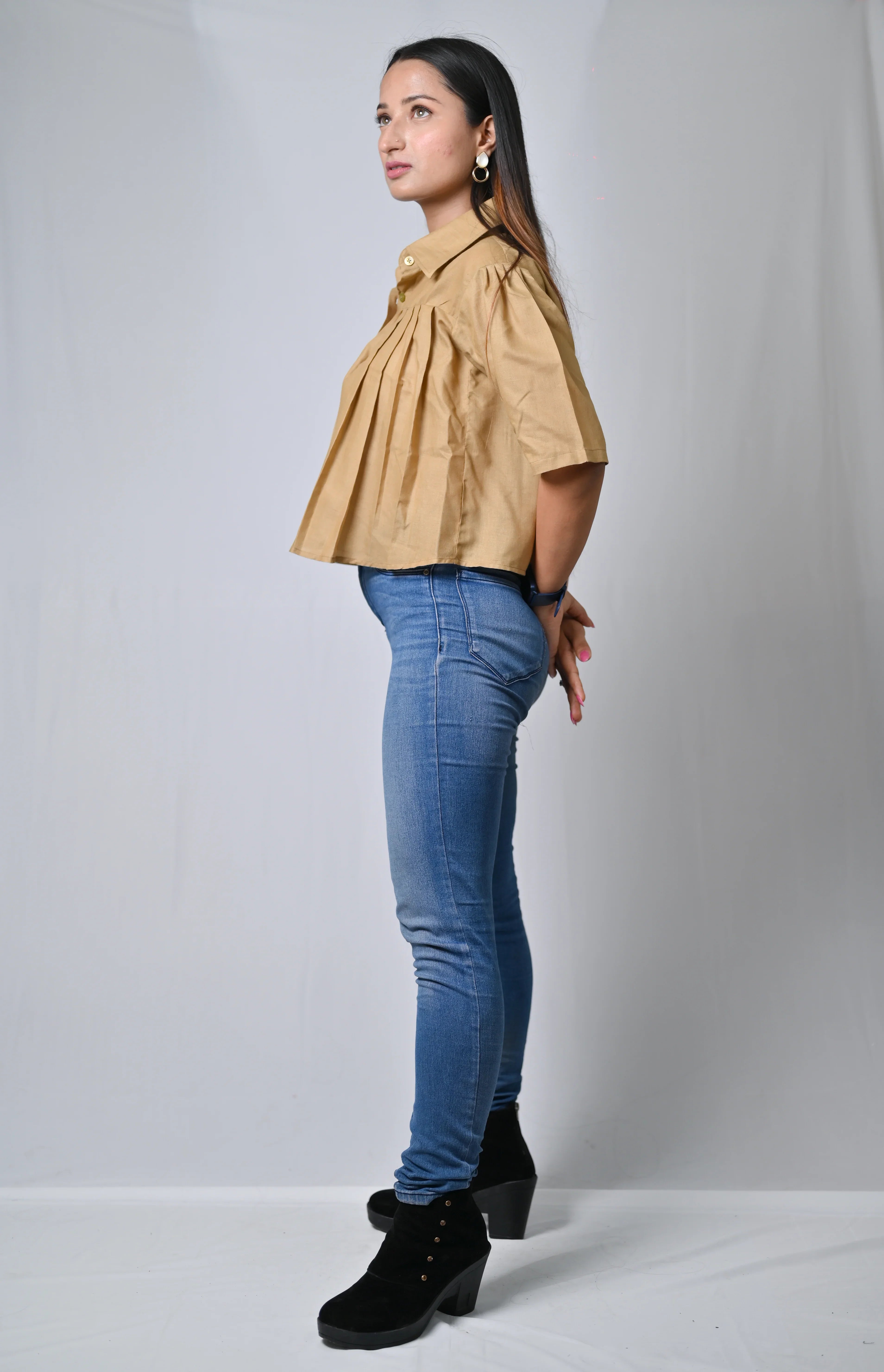 Women's Pleated Crop Shirt with Collar, Khaki, Short Sleeve - Belle Noor