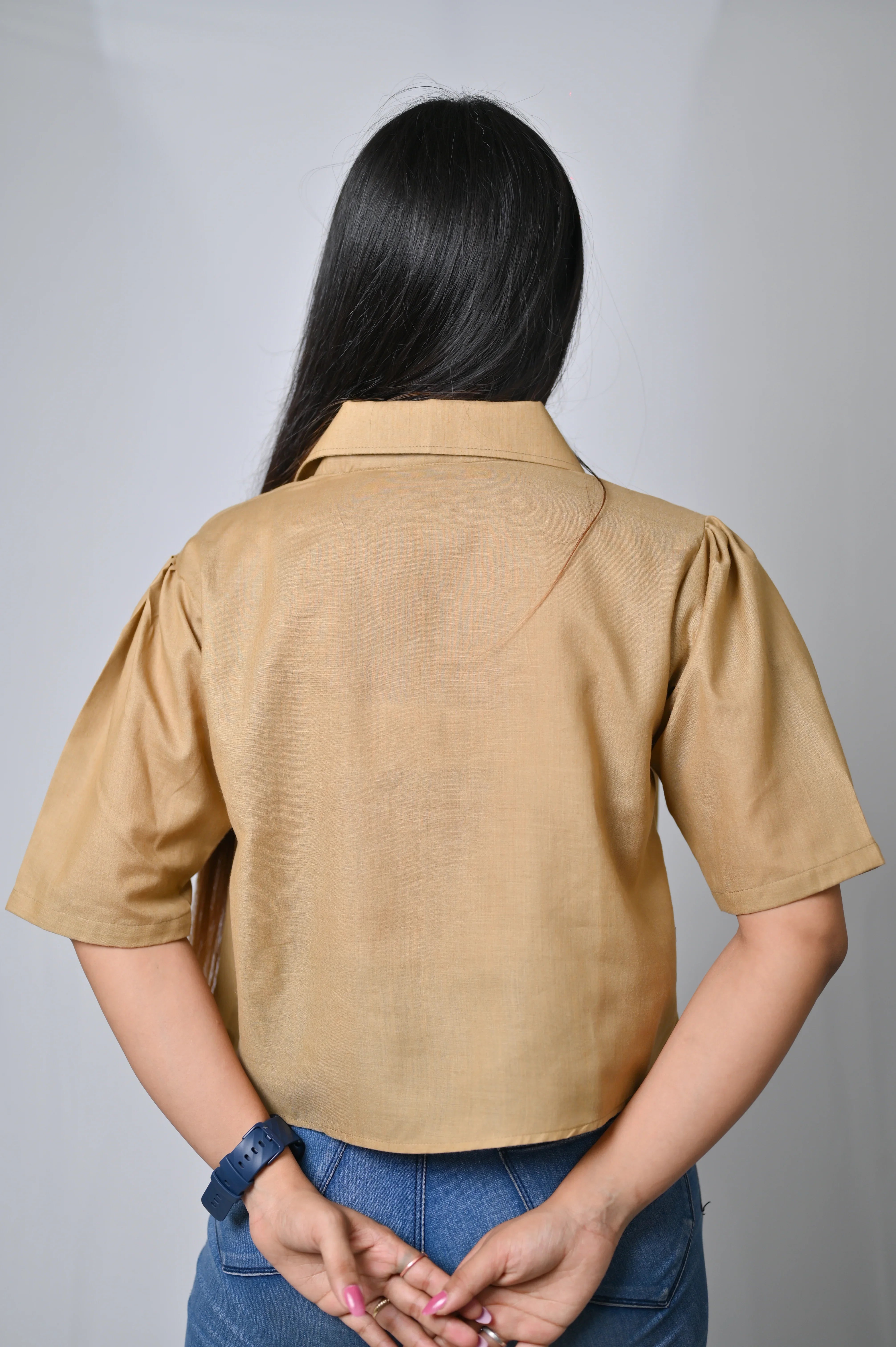 Women's Pleated Crop Shirt with Collar, Khaki, Short Sleeve - Belle Noor