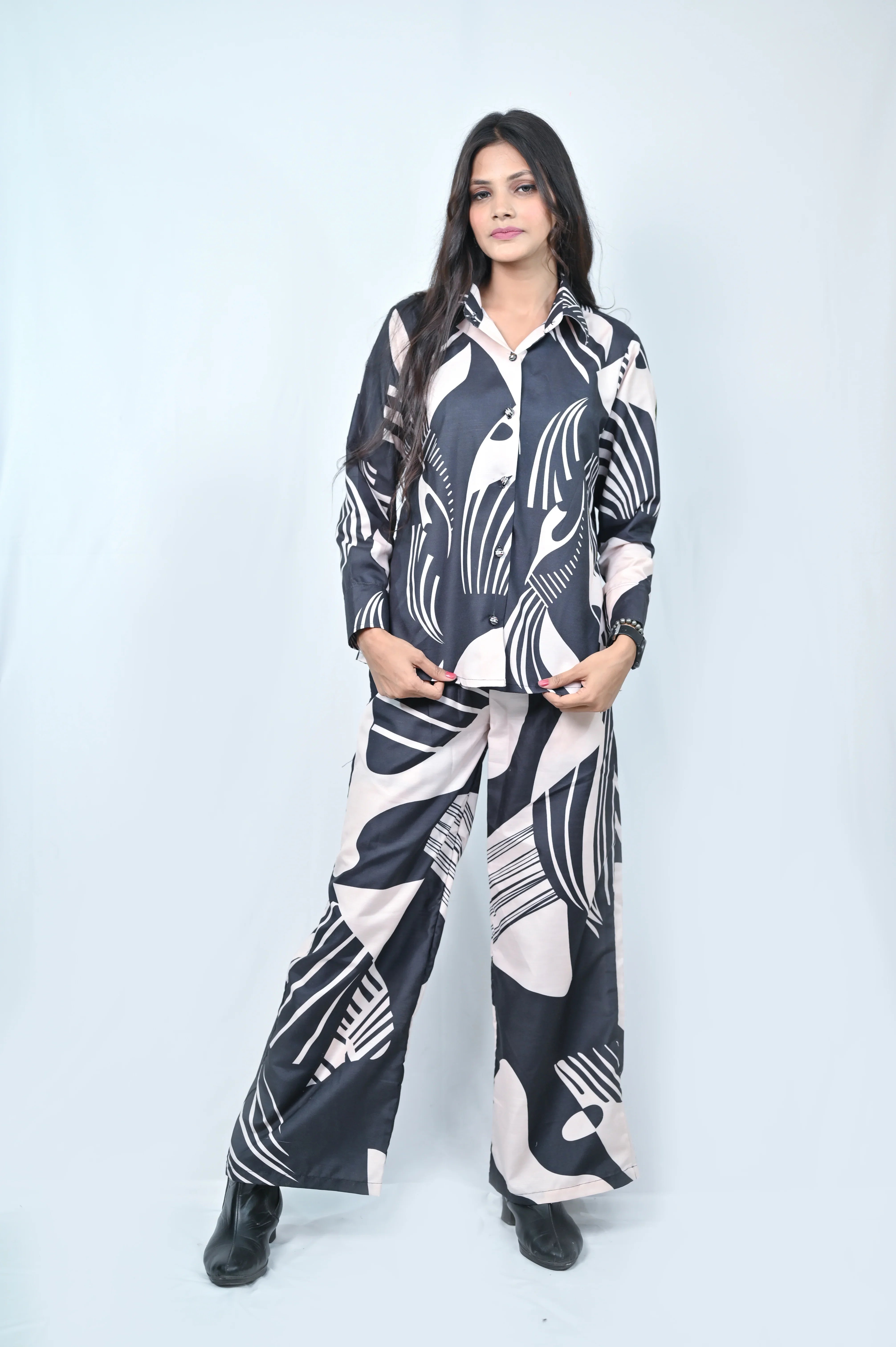 Coord Set: Abstract Print Two-Piece Set, Button-Down Shirt with Wide-Leg Trousers, Black and White - Belle Noor