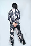 Coord Set: Abstract Print Two-Piece Set, Button-Down Shirt with Wide-Leg Trousers, Black and White - Belle Noor