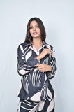 Coord Set: Abstract Print Two-Piece Set, Button-Down Shirt with Wide-Leg Trousers, Black and White - Belle Noor