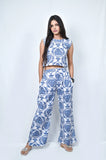 Blue and White Floral Print Co-ord Set, Crop Top with Wide Leg Palazzo Pants, Sleeveless Summer Outfit - Belle Noor