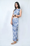 Blue and White Floral Print Co-ord Set, Crop Top with Wide Leg Palazzo Pants, Sleeveless Summer Outfit - Belle Noor