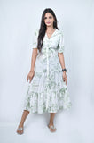 Floral Print Tiered Midi Dress, White with Green Leaves, Short Sleeve Button Down, Belted - Belle Noor