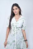 Floral Print Tiered Midi Dress, White with Green Leaves, Short Sleeve Button Down, Belted - Belle Noor