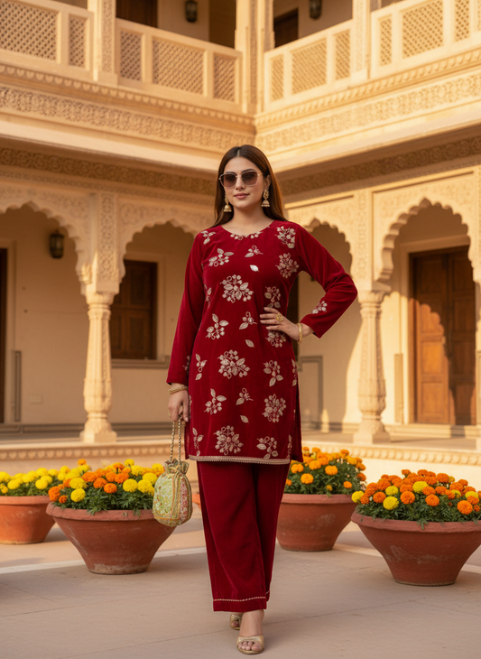 Red Viscose Velvet Top Pant Set with Sequence gold floral embroidery
