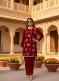 Red Viscose Velvet Top Pant Set with Sequence gold floral embroidery