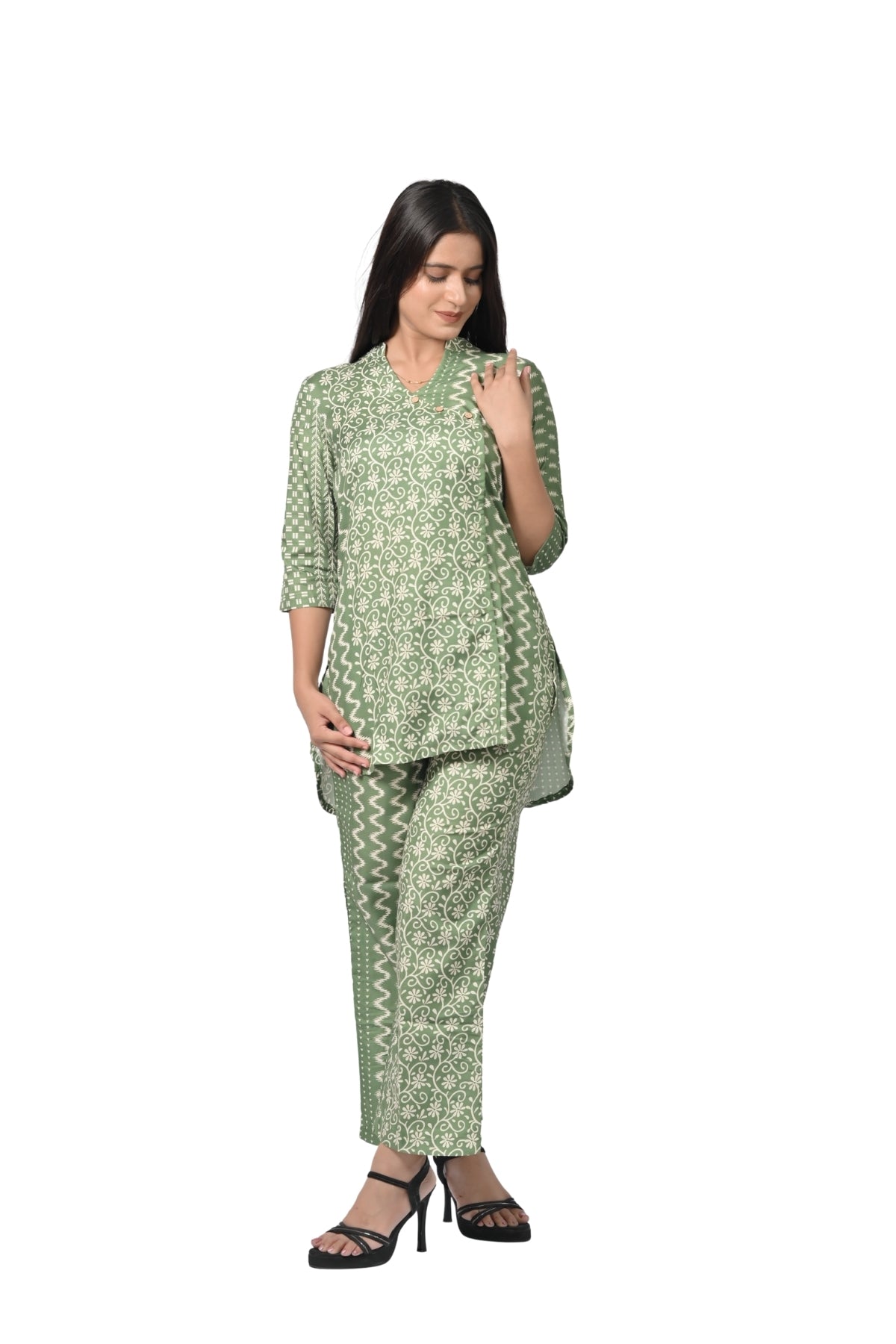 Stylish Green Floral Printed Tunic & Pants Set
