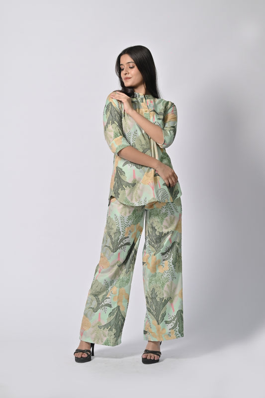 Elegant Green Floral Print Tunic Set