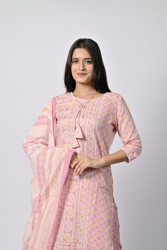 Soft Pink Floral Printed Cotton Kurti with Dupatta