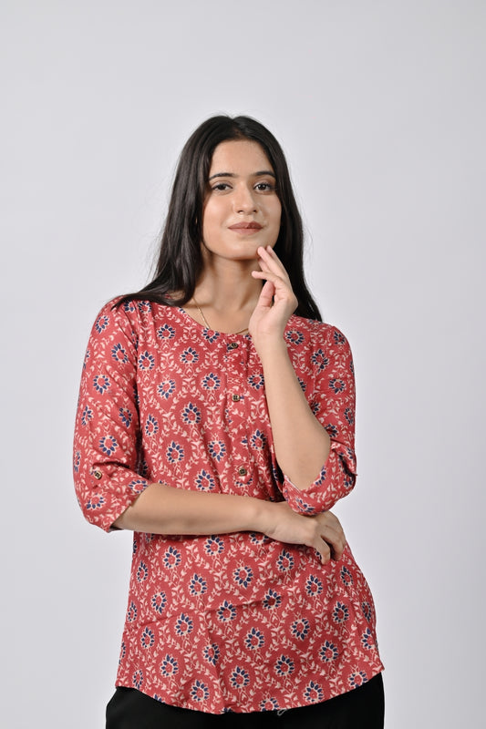 Casual Coral Printed Top with 3/4th Sleeves
