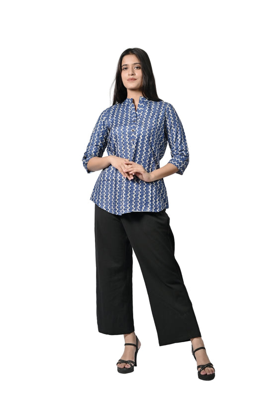 Women’s Blue & White Printed Casual Kurti Top