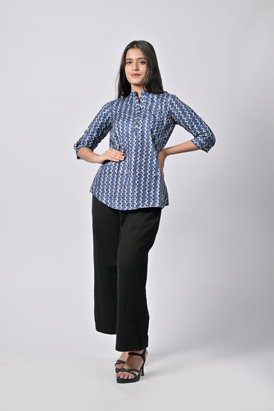 Women’s Blue & White Printed Casual Kurti Top