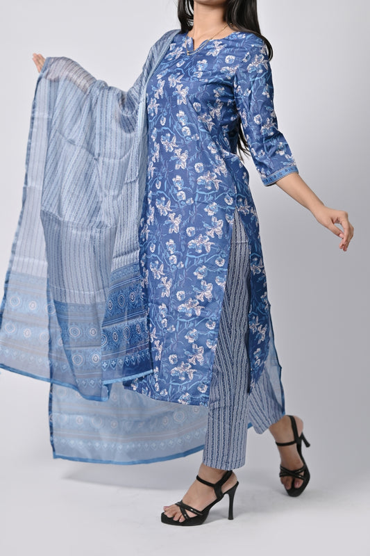 Women’s Blue Printed Cotton Suit Set with Dupatta