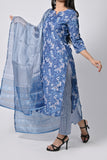 Women’s Blue Printed Cotton Suit Set with Dupatta