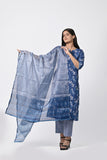 Women’s Blue Printed Cotton Suit Set with Dupatta