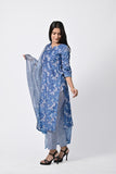 Women’s Blue Printed Cotton Suit Set with Dupatta