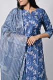 Women’s Blue Printed Cotton Suit Set with Dupatta