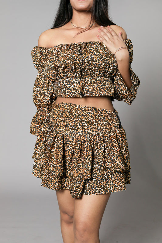 Women's Off-Shoulder Leopard Print Crop Top and Skirt Set, 3/4 Sleeve, Brown and Black - Belle Noor