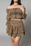 Women's Off-Shoulder Leopard Print Crop Top and Skirt Set, 3/4 Sleeve, Brown and Black - Belle Noor