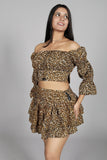 Women's Off-Shoulder Leopard Print Crop Top and Skirt Set, 3/4 Sleeve, Brown and Black - Belle Noor