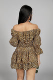 Women's Off-Shoulder Leopard Print Crop Top and Skirt Set, 3/4 Sleeve, Brown and Black - Belle Noor