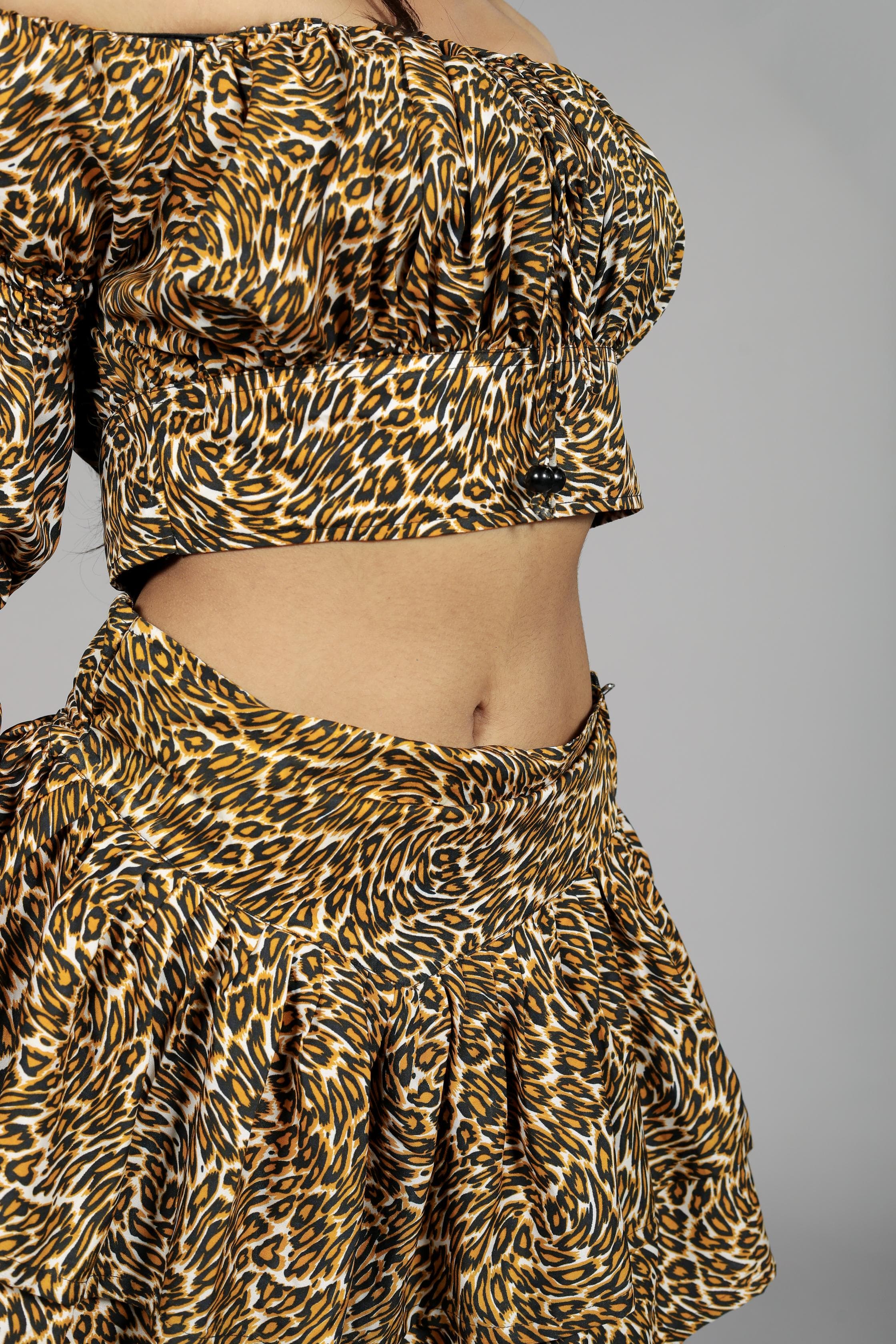 Women's Off-Shoulder Leopard Print Crop Top and Skirt Set, 3/4 Sleeve, Brown and Black - Belle Noor