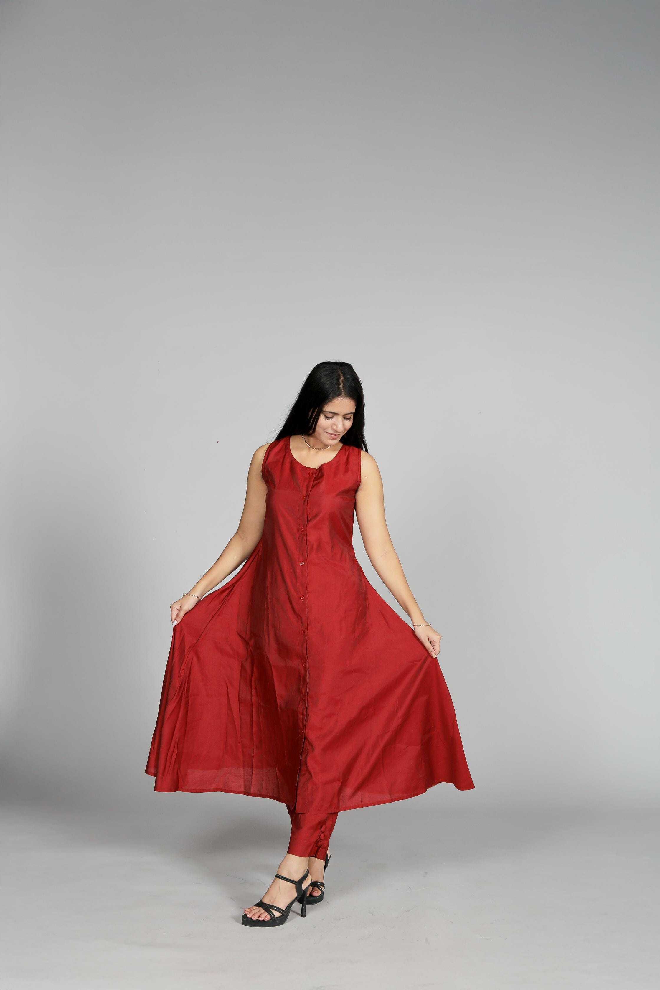 Sleeveless Button-Down Red Kurti - Belle Noor