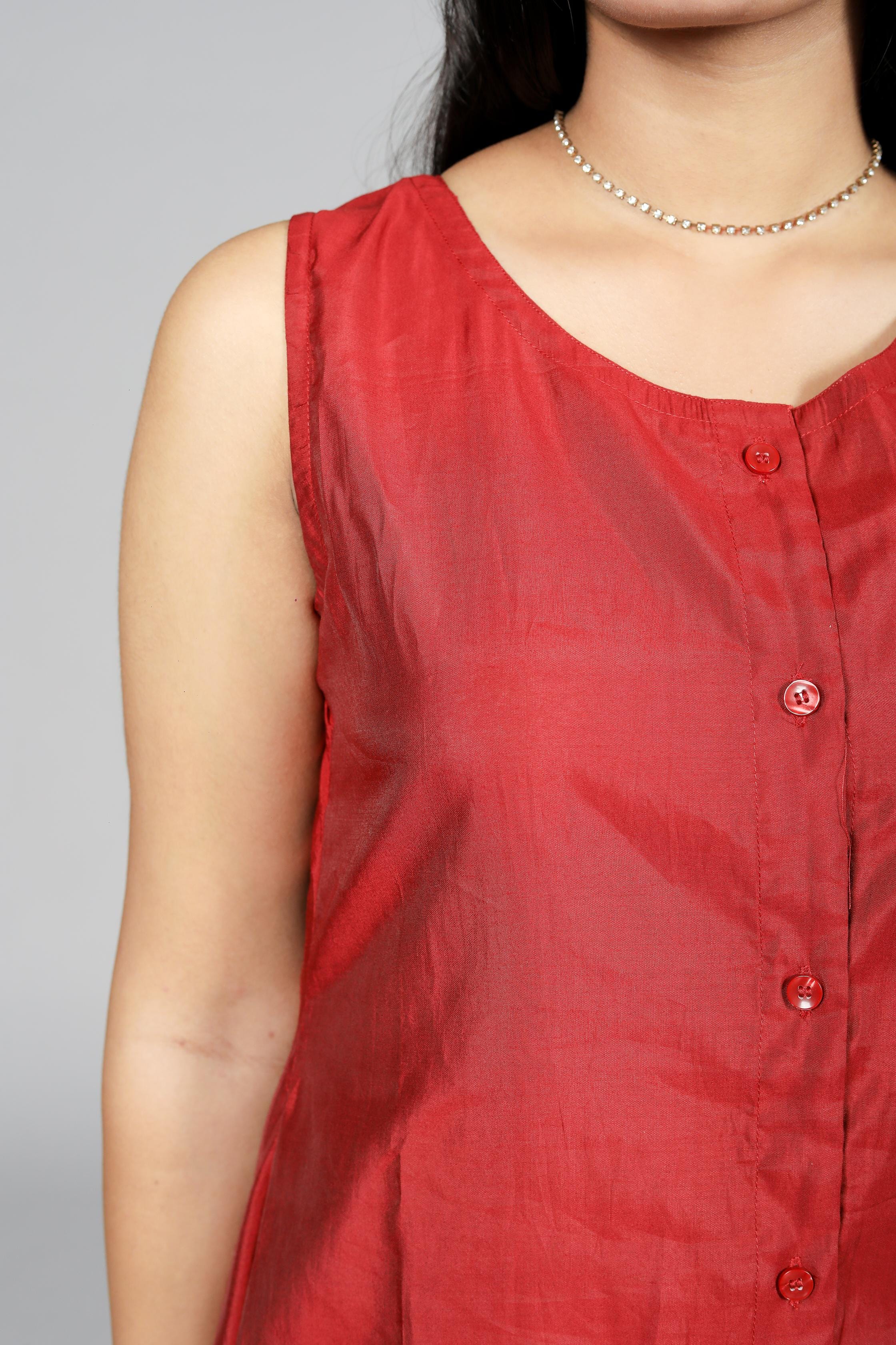 Sleeveless Button-Down Red Kurti - Belle Noor