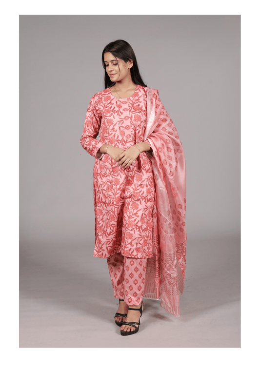 Kurta Set with Palazzo and Dupatta, Pink, Traditional Indian Ethnic Wear - Belle Noor