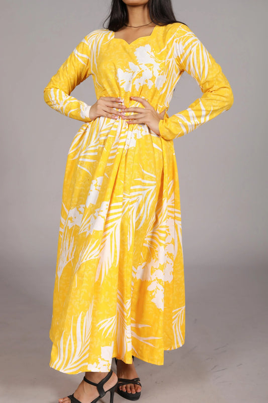 Yellow and White Palm Print Anarkali Suit, Sweetheart Neckline, Ankle Length - Belle Noor