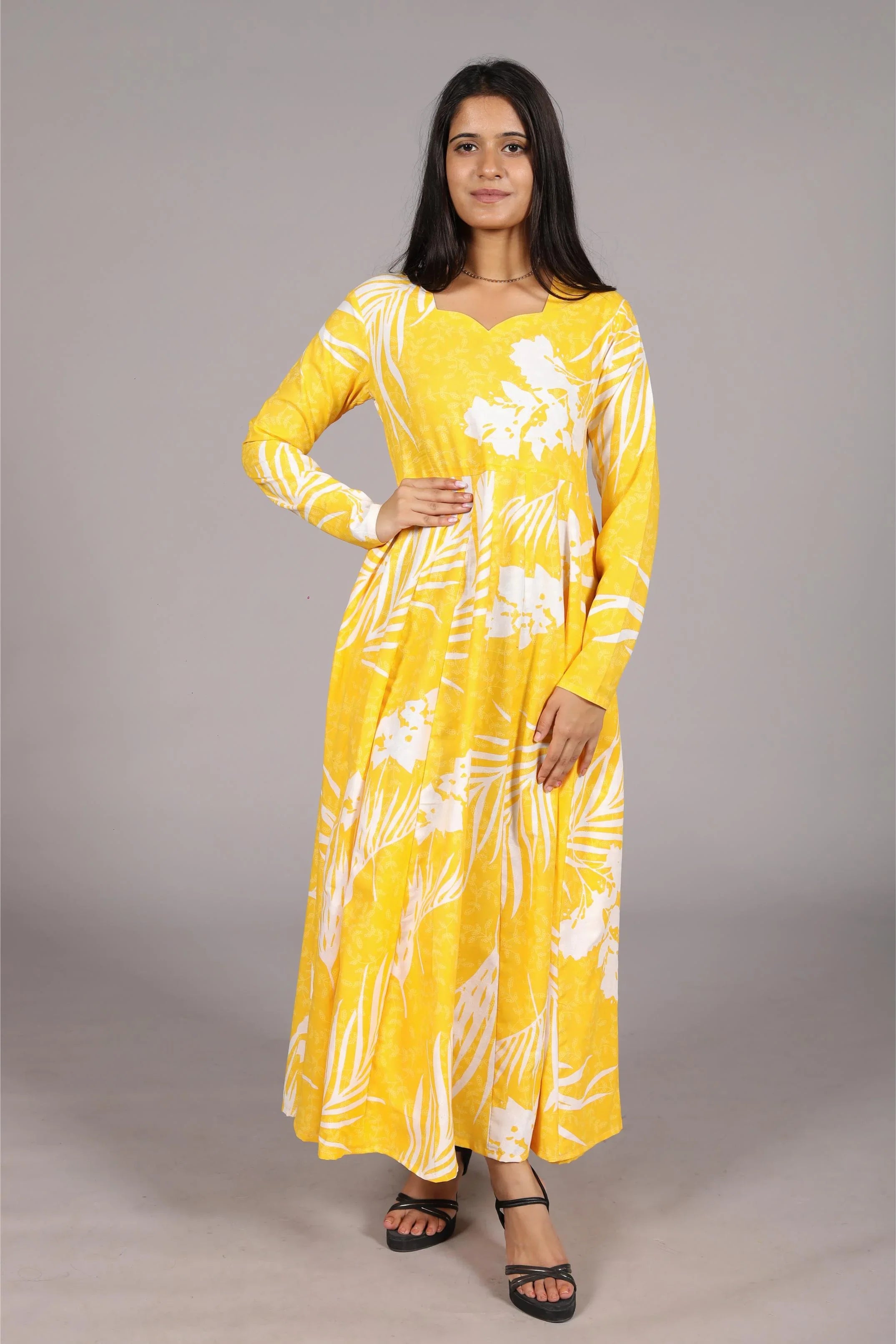 Yellow and White Palm Print Anarkali Suit, Sweetheart Neckline, Ankle Length - Belle Noor